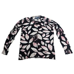 Karen Scott Cardigan Women XS Black Pink Leaf Print Button Front Knit